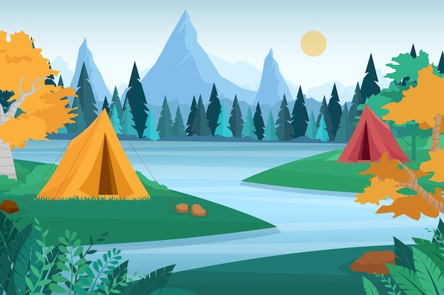 Ilustración de camping de aventura en la naturaleza al aire libre. Campamento turístico plano de dibujos animados con lugar de picnic y carpa entre bosque, paisaje de montaña