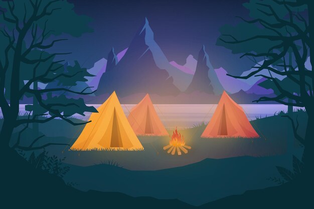 Ilustración de camping de aventura de naturaleza al aire libre de noche. Campamento turístico plano de dibujos animados con lugar de picnic y carpa entre bosque, paisaje de montaña