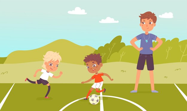Ilustración de campo de deporte de fútbol niños activos corren con pelota niños lindos juegan fútbol en campo entrenador entrenando jugadores activos Actividad física al aire libre concepto de deporte