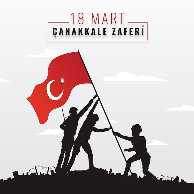 Ilustración de canakkale dibujada a mano con soldados y bandera