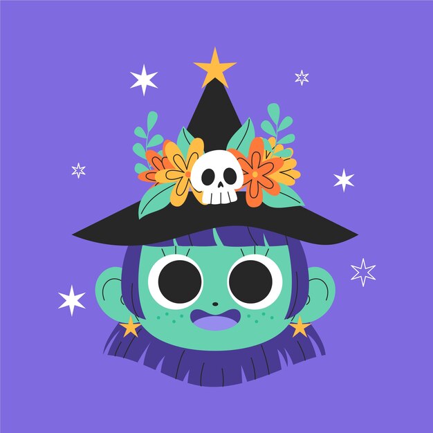 Ilustración de la cara de una bruja de dibujos animados dibujada a mano