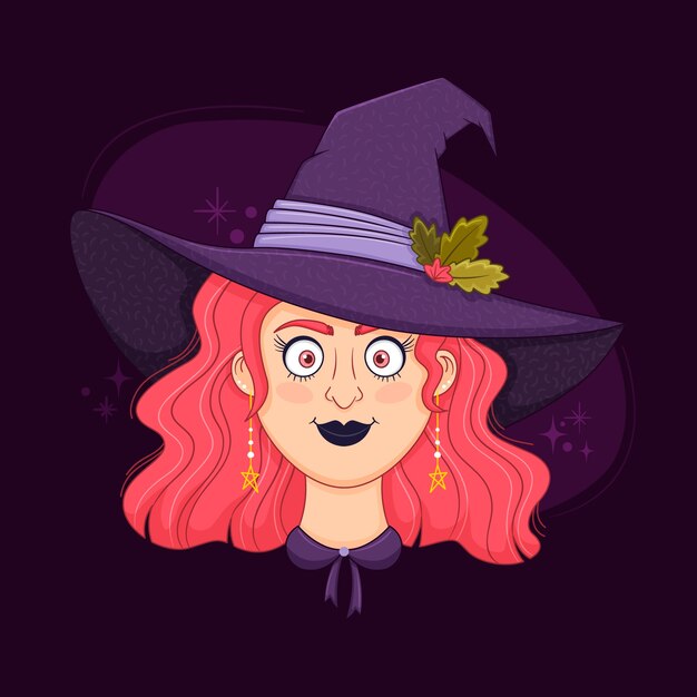 Ilustración de la cara de una bruja de dibujos animados dibujada a mano