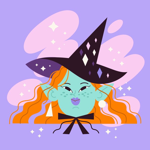 Ilustración de cara de bruja de dibujos animados dibujados a mano
