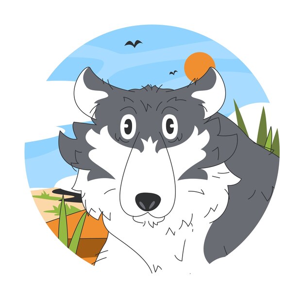 Ilustración de cara de lobo de dibujos animados dibujados a mano
