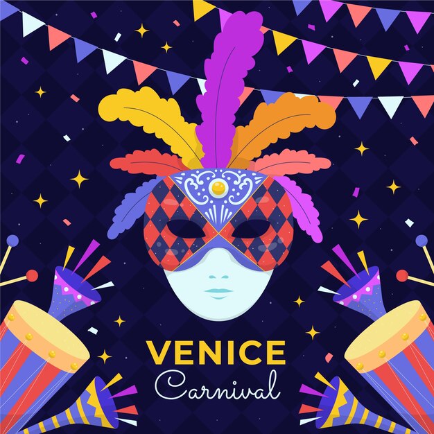 Ilustración de carnaval de venecia plana con máscara