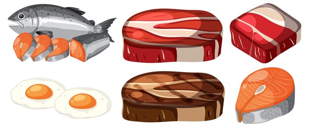 Ilustración de carnes y mariscos variados