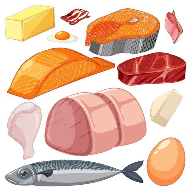 Ilustración de carnes y mariscos variados