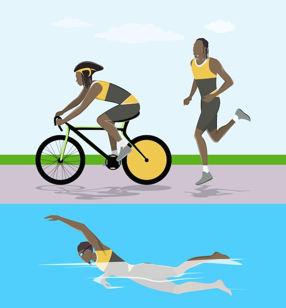 Ilustración de carrera de triatlón el hombre nada, monta y corre