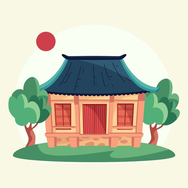 Ilustración de casa coreana dibujada a mano