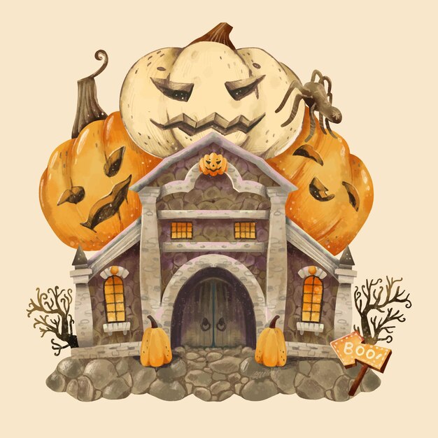 Ilustración de casa de halloween en acuarela