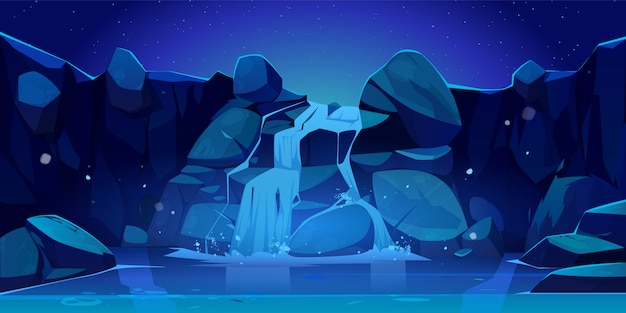 Ilustración de cascada y rocas en la noche