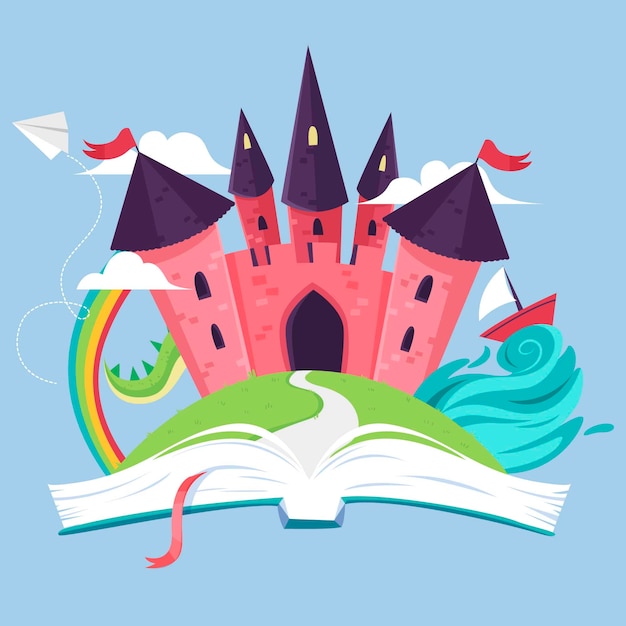 Ilustración del castillo de cuento de hadas dentro del libro
