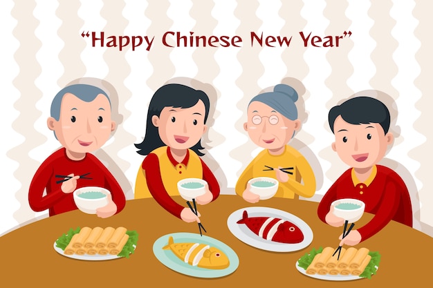 Vector gratuito ilustración de cena de reunión de año nuevo chino plano