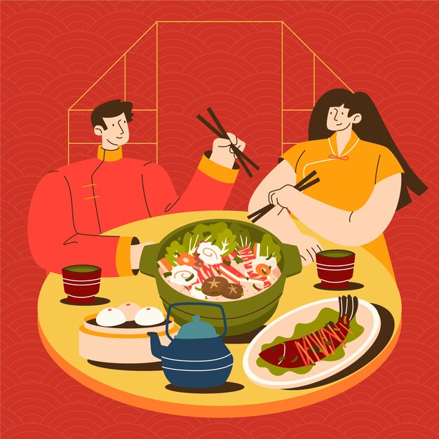 Ilustración de cena de reunión de año nuevo chino plano