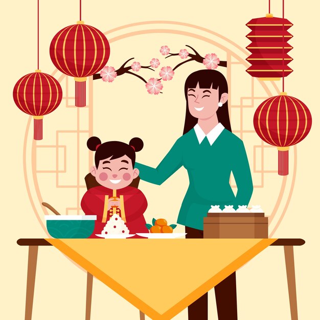 Ilustración de la cena de reunión plana para el festival de año nuevo chino