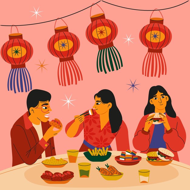 Ilustración de la cena de reunión plana para el festival de año nuevo chino