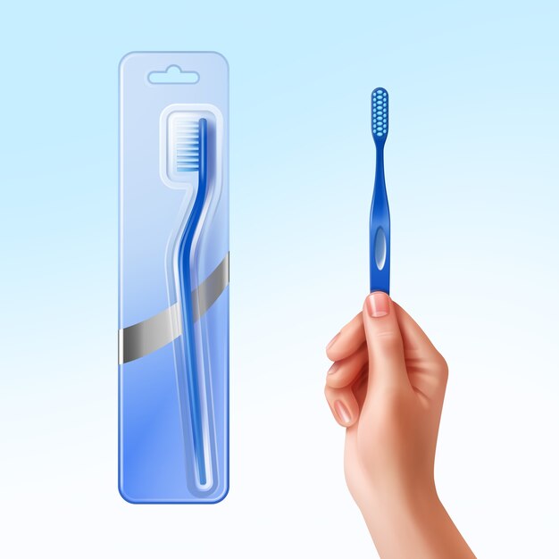 Ilustración de cepillo de dientes en mano y en embalaje.