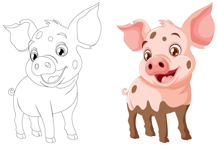 Vector gratuito la ilustración del cerdo alegre antes y después