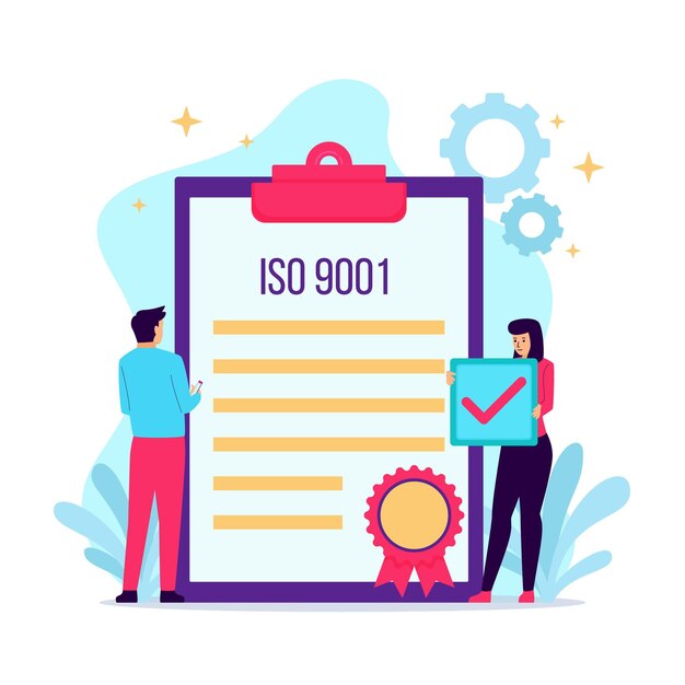Ilustración de certificación iso con bloc de notas