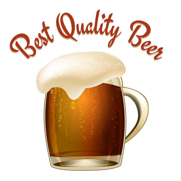 Ilustración de cerveza de mejor calidad con una jarra de vidrio de cerveza oscura o lager con una maravillosa cabeza espumosa que desborda el vidrio y el texto arqueado sobre la ilustración vectorial aislado en blanco