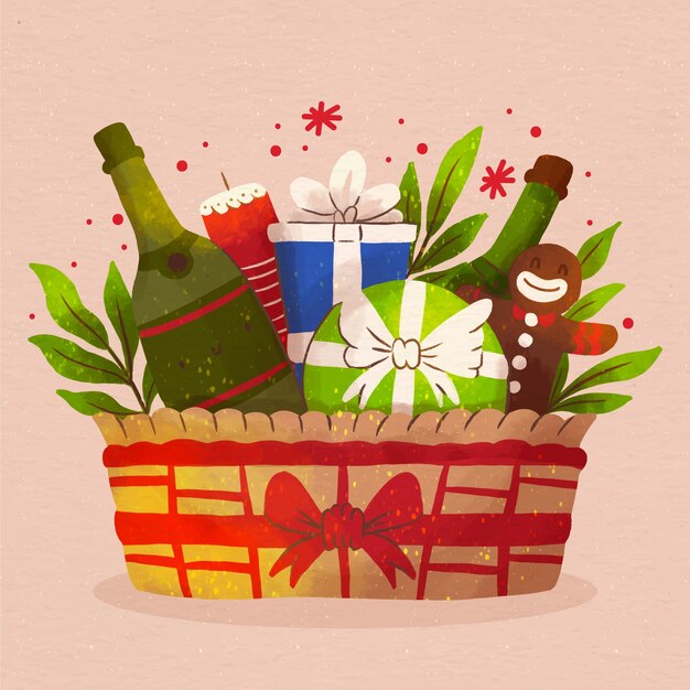 Ilustración de cesta de navidad en acuarela