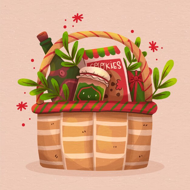 Ilustración de cesta de navidad en acuarela