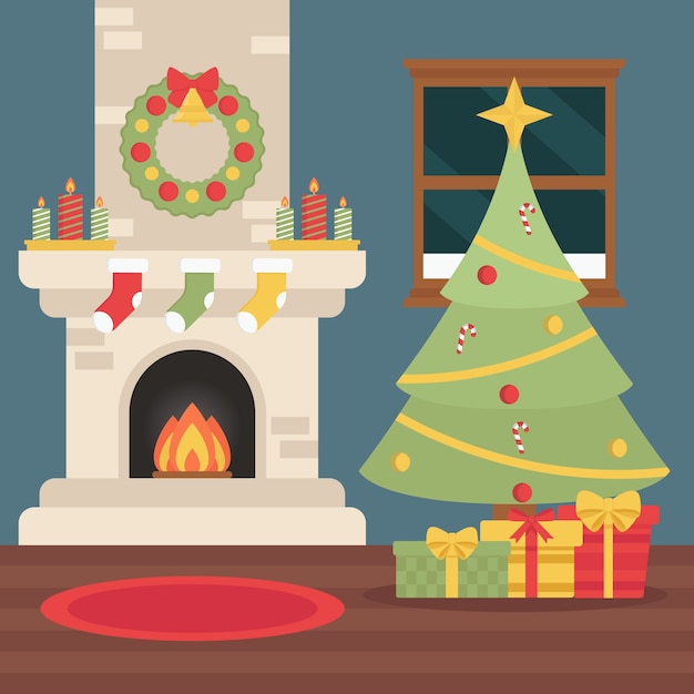 Ilustración de chimenea de navidad en diseño plano