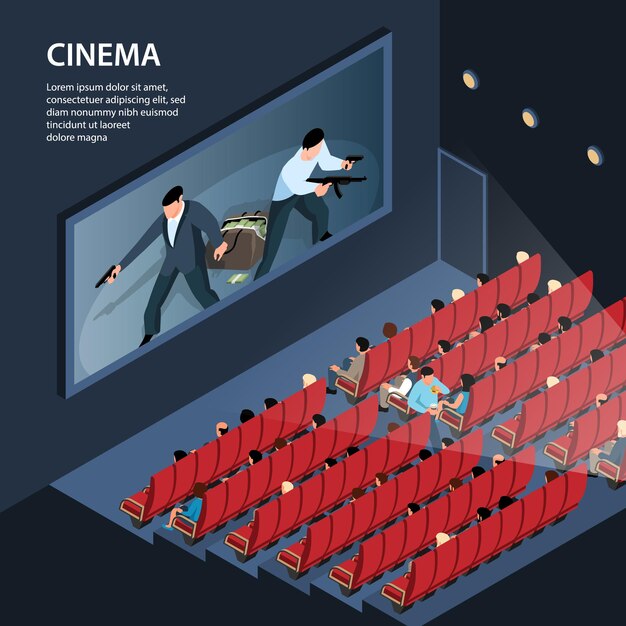 Ilustración de cine isométrica con vista interior del plex de cine con audiencia de asientos y texto editable