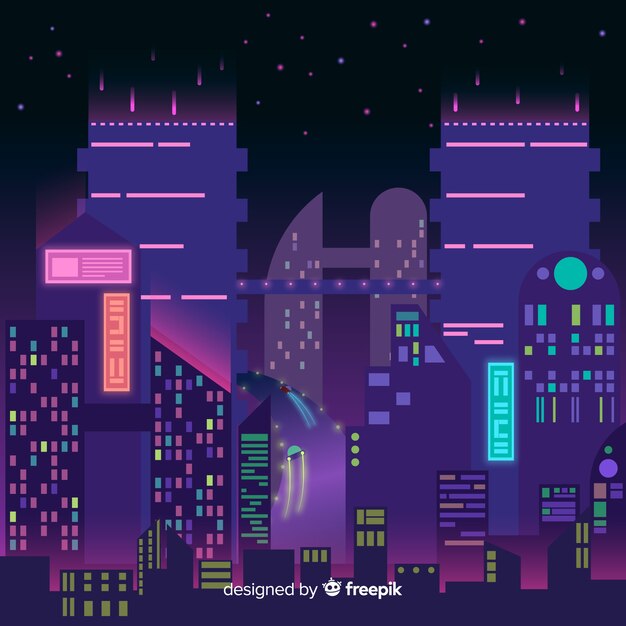 Ilustración ciudad futurista por la noche