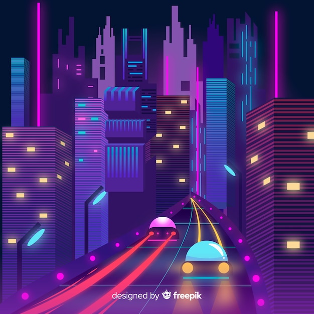 Ilustración ciudad futurista por la noche