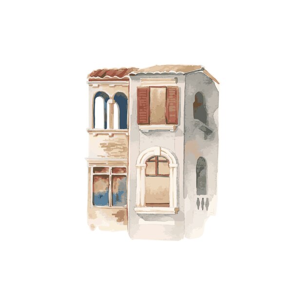 Ilustración de la ciudad mediterránea que construye estilo de color de agua exterior