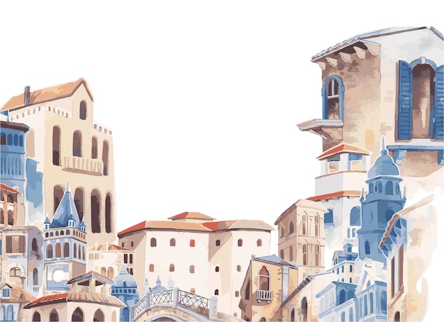 Ilustración de la ciudad mediterránea que construye estilo de color de agua exterior