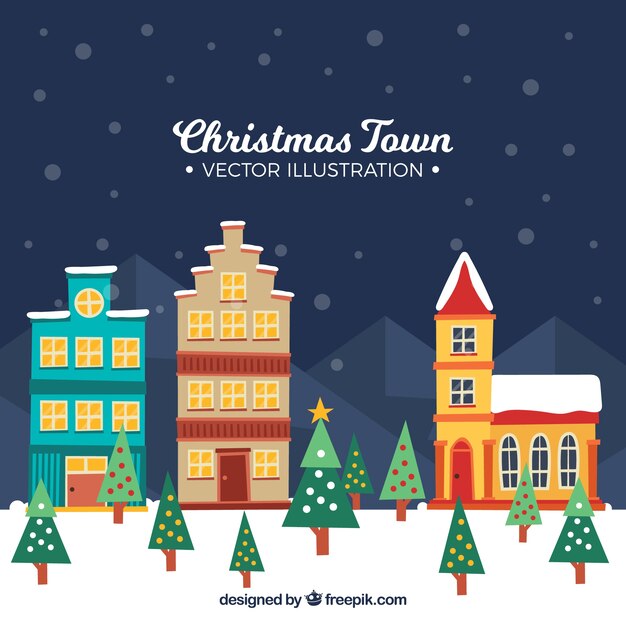 Ilustración con una ciudad de navidad
