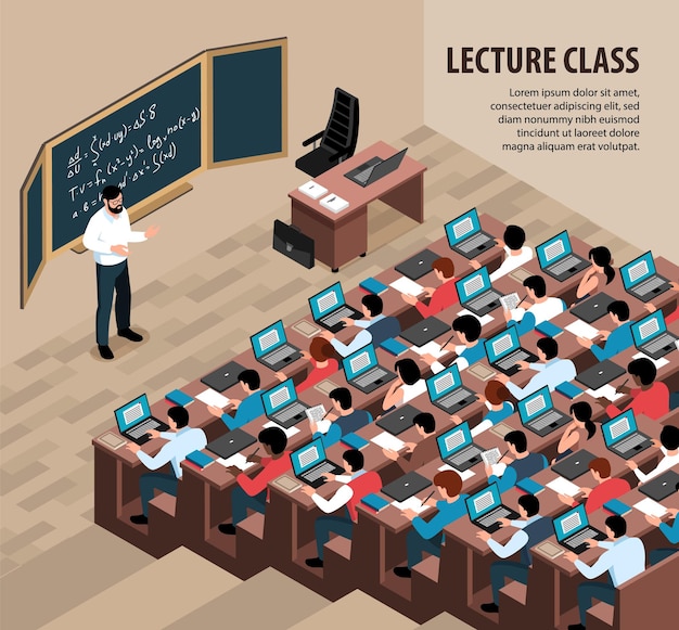 Vector gratuito ilustración de clase de conferencia isométrica con profesor de paisaje interior frente a la pizarra y estudiantes con computadoras portátiles