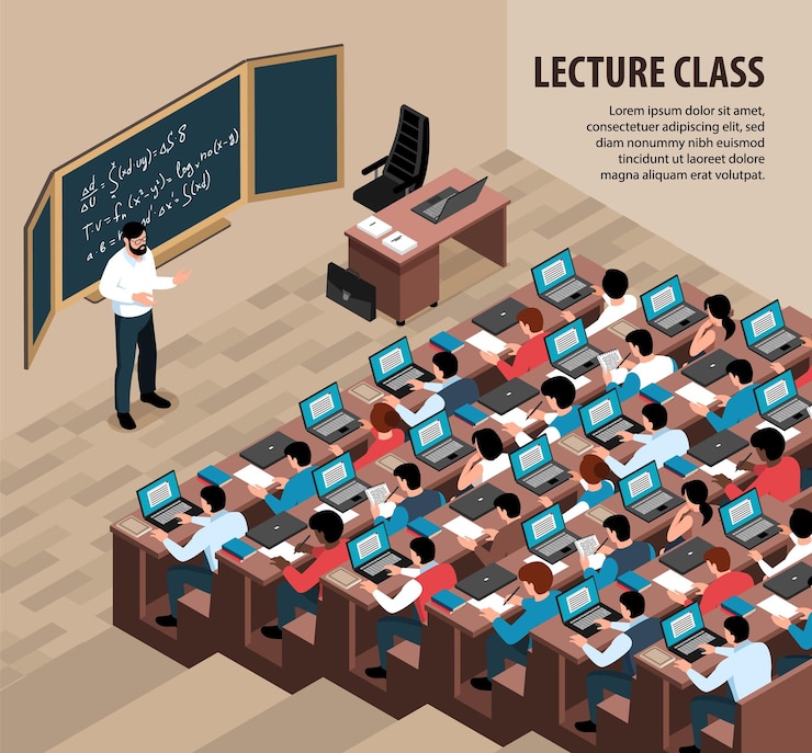 Vector gratuito ilustración de clase de conferencia isométrica con profesor de paisaje interior frente a la pizarra y estudiantes con computadoras portátiles