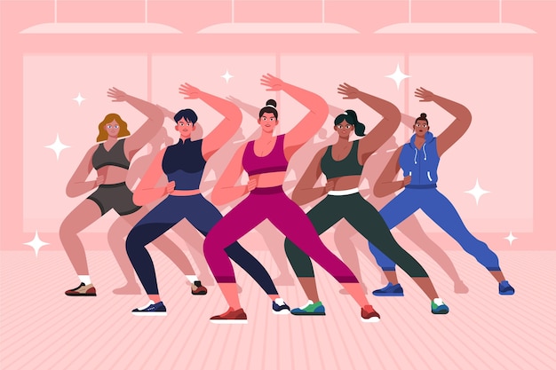 Ilustración de clase de fitness de baile dibujado a mano plana