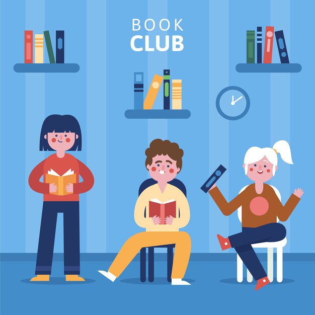 Ilustración de club de lectura plana dibujada a mano