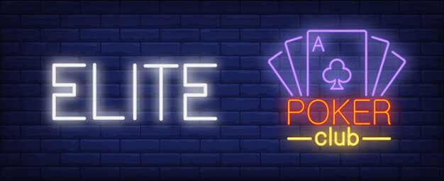 Ilustración de club de póquer de élite en estilo neón. Texto y cartas
