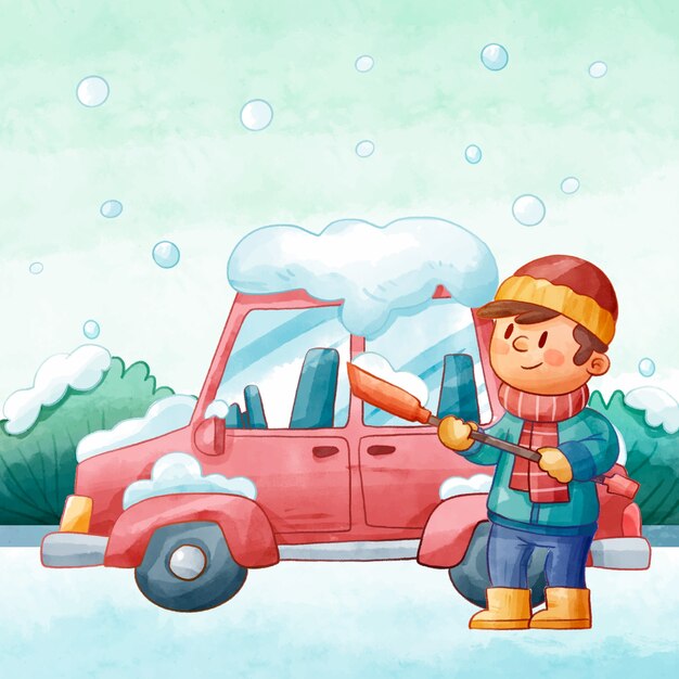 Ilustración de coche de nieve de temporada de invierno acuarela