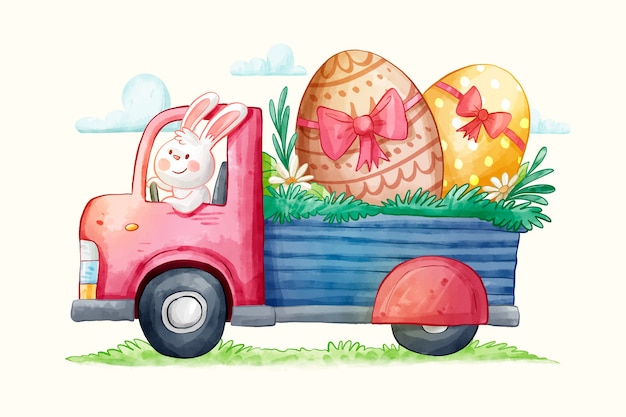 Ilustración de coche de Pascua acuarela