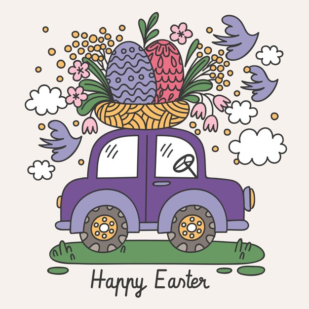 Ilustración de coche de pascua dibujado a mano