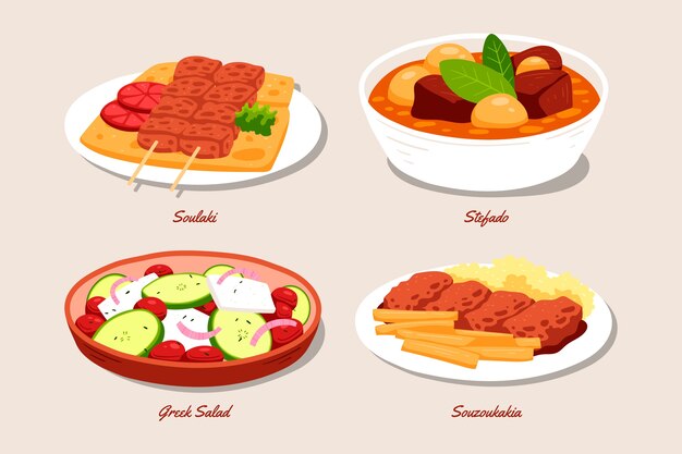 Ilustración de cocina griega dibujada a mano