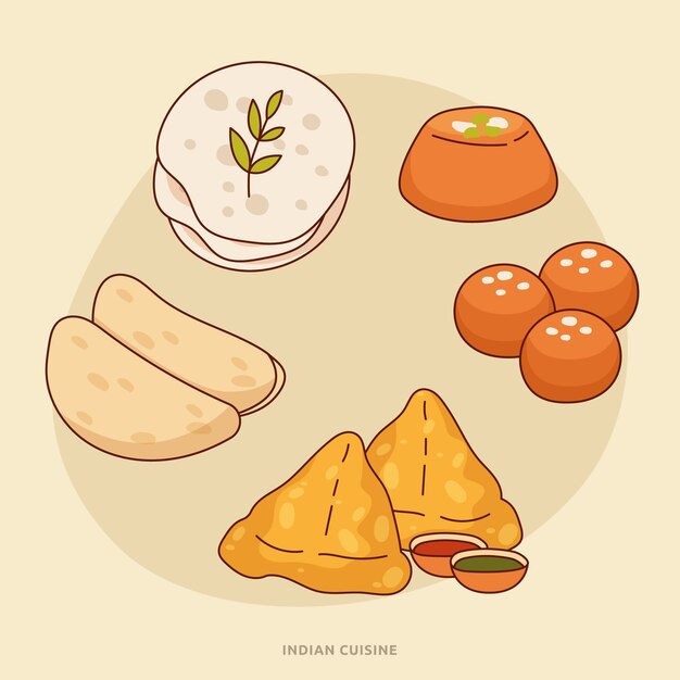 Ilustración de cocina india dibujada a mano