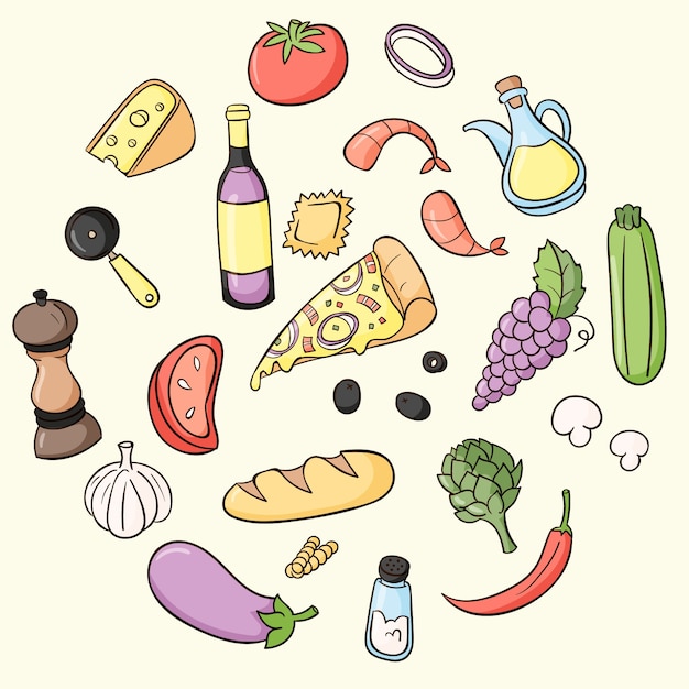 Ilustración de cocina italiana dibujada a mano