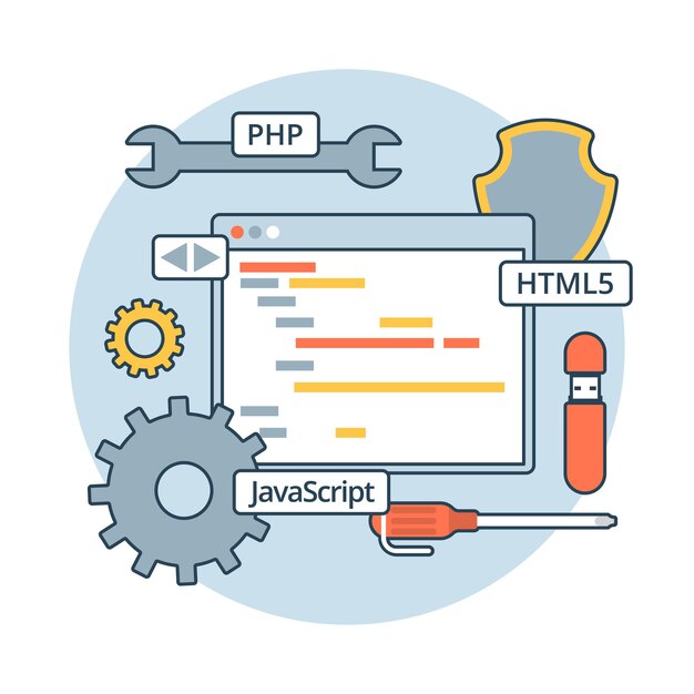 Ilustración de código de aplicación web plana lineal. Concepto de desarrollo de aplicaciones. PHP, JavaScript, HTML5, piñones, destornillador e interfaz de editor de programas.