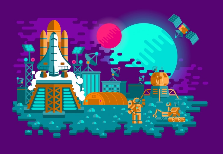 Vector gratuito ilustración de un cohete de estilo plano en un planeta desconocido