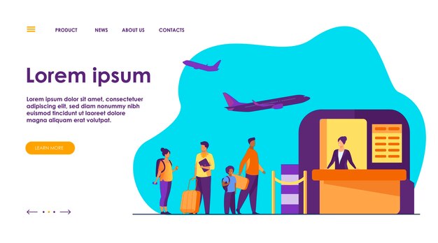 Ilustración de la cola del aeropuerto. Línea de turistas de pie en el mostrador de facturación.