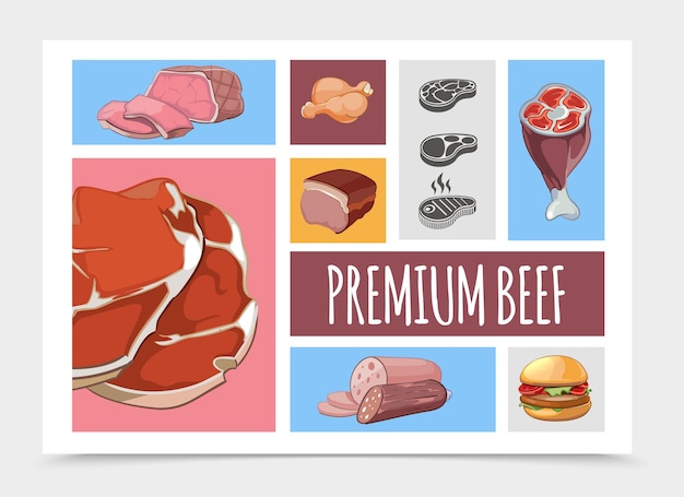 Ilustración de colección de comida de carne de dibujos animados