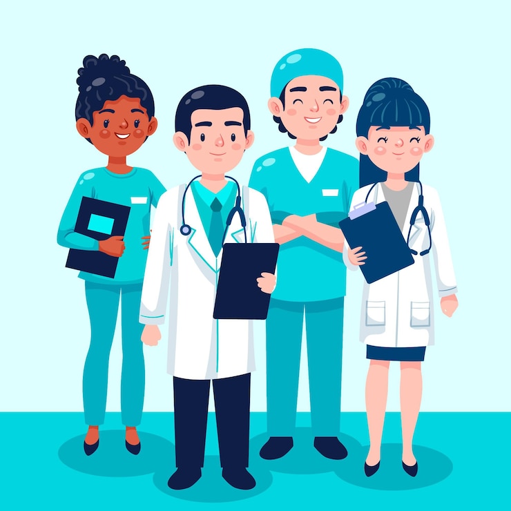 Vector gratuito ilustración de colección de médicos y enfermeras de dibujos animados