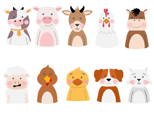Ilustración de colección plana de vector de granja de animales de garabato lindo